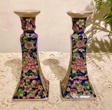 Pair of Chinese Floral Ceramic Candlesticks or Candleholders Vintage Chinoiserie