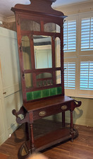 Mahogany Edwardian hall stand with green tiles and mirror