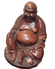 Wooden Happy Buddha Statue Hand Carved Laughing nice patina 5" Heavy wood