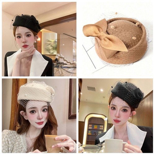 Wool bow hat withveil - wool,