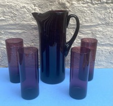 Vintage 1970 amethyst art glass jug pitcher & 4 glasses lemonade set immaculate