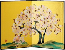 Folding Screen Japanese Small Byoubu Gold Colored Cherry Blossoms Mini