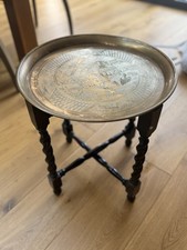Vintage Brass Side Table With Wooden Folding Legs. Willow Pattern Design 41cm D