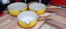 3 Vintage Le Creuset Variegated Saffron Yellow Saucepans 16/18/20. No Lids