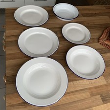 Vintage Bundle Enamel Plates Dishes Bowls White Blue Rim x 6 Retro Kitsch Prop