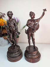 Vintage Pair Bronzed Spelter Male & Female Figurines on Plinths Auguste Moreau