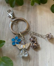 Angel Baby Shower Keyring, Teddy Keychain, Blue Flower, Initial, Bag Charm Gift