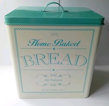 1895 All Natural Metal Bread Bin Large 12" High Off White& Light Blue. Rusty Lid
