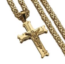 Mens Stainless Steel Cross Necklace Chain 18K Gold Filled Jesus Pendant 24"