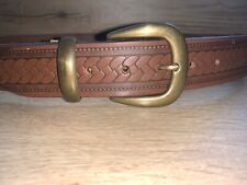 Vintage Brown Real Leather Belt with Weave Pattern Antique Buckle 1 1/2" 38mm F7