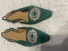 Gorgeous Coast Diamonte Green Flat Slingback Shoes Size 8