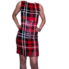 ASHISH Dress Sequin Red Black Check Fringe Beaded Hem Sleeveless Zip Closure UKS