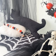 Spooky Black Cat Pillow Halloween Throw Cushion, Soft Boucle Cat Shaped Plush