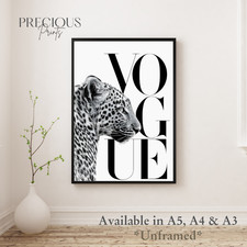 Grey Leopard Vogue Wall Art / Black & White stylish trendy Poster Print