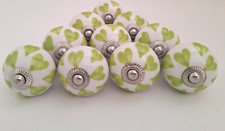 Set of 10 white/green hearts Ceramic cupboard/drawer knobs vintage look mix