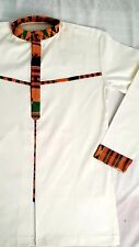 African men's 2- piece wedding attire. Yellowish White with Kente trimmings. 