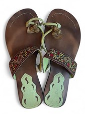 Y2K Boho chic Brown & Green Hippy Paisley red print wooden sandals Brazil