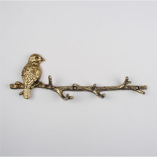 Gold Metal Wall Bird on Branch 6 Hooks Coat Key Hanger Rack Wall Mounted