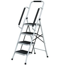 4 Step Ladder Folding Stool Non Slip Tread Steel Foldable Home DIY With Handrail