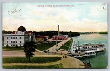 Rockford IL~Water Works Park~Steamer at Boat Landing~Ladies on Gang Plank~1911