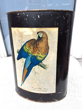 VINTAGE METAL WASTE BIN DUSTBIN with RED and YELLOW MACAW PRINT