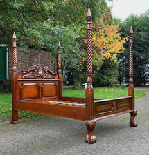 Vintage Solid Mahogany Chippendale Style Carved Double Four Poster Bed.