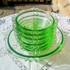 Sowerby Uranium? Green Glass Bowl Set - Vintage 1930's Art Deco 1 large 6 small