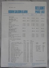 January 1975 Reliant Robin Saloon & Van Price List