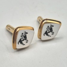 Pair Of Vintage Horse Racing Themed Cufflinks, Opal & Gold Tones, Jockey/Races
