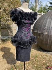 VINTAGE PUSZTA 80S DRESS SIZE 12 RUFFLES NEW ROMANICS FLORAL BLACK FITTED RARA