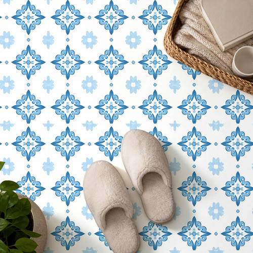 Blue white floral geometric - white,
