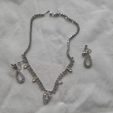 Vintage Pendant Necklace & Earring Set Wedding Diamante Rhinestone Bling vgc
