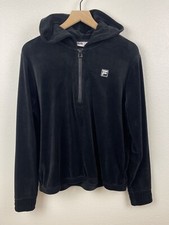 Vintage FILA Womens Hoodie Black Velour Track Jacket 1/4 Zip sz LARGE Soft Retro