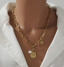 Zara 18K Gold plated statement new necklace chain with pearl and coin details