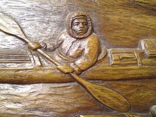 1972 Signed 'KR' Karl Rothammer Wood Art Carving wall plaque Eskimo Inuit kayak