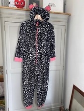 NEXT Girls All in One Onesey Pyjamas PJs Leopard Print Hood Animal Ears Age 12