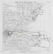 WW1 German Airship raid 24-25 August 1916 London Dover Ipswich Deal 1930 map