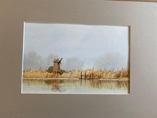 WATERCOLOUR DERELICT WATERMILL NORFOLK BROADS REEDS WATER