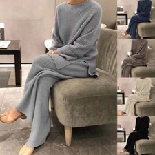 2Pcs Women Knitted Casual Loose Sweater Pants Ribbed Co-ord Set Lounge Wear Sets