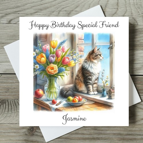 Cat birthday card personalised - card,