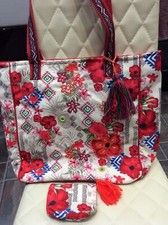 Womens Large Beach / Tote Bag & Purse By “Pia Rossini”, Red Multi Cotton&Canvas.