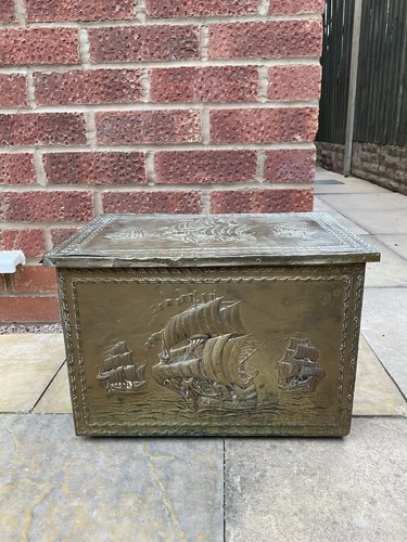 Vintage brass warship coal box - warship,
