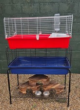 Complete set of 2 indoor guinea pig or rabbit cages with 1 stand, huts and bowls