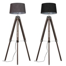 Adjustable Wooden Tripod Floor Lamp Standard Light Cotton Empire Shade LED Bulb