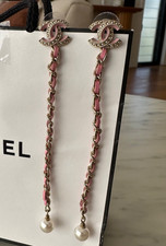 CHANEL CC pearls Drop Earrings with chain and pink leather