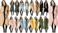 Women Ladies Italian Long Duster Jacket French Belted Trench Waterfall Coat 8-14