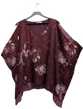 Jacques Vert L Maroon Floral Batwing Poncho Top Blouse Sheer Asymmetric V-Neck