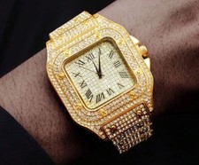 Mens Iced Out Gold Colour Roman Dial Watch Luxury Crystal Bling Watch 