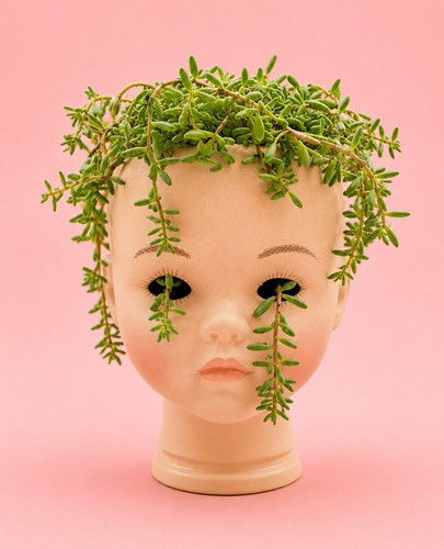 Bisque doll head planter with - doll,