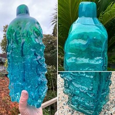 RARE C1970 MDINA MICHAEL HARRIS BLUE GREEN BARK TEXTURED BOTTLE VASE 12” 2.5KG